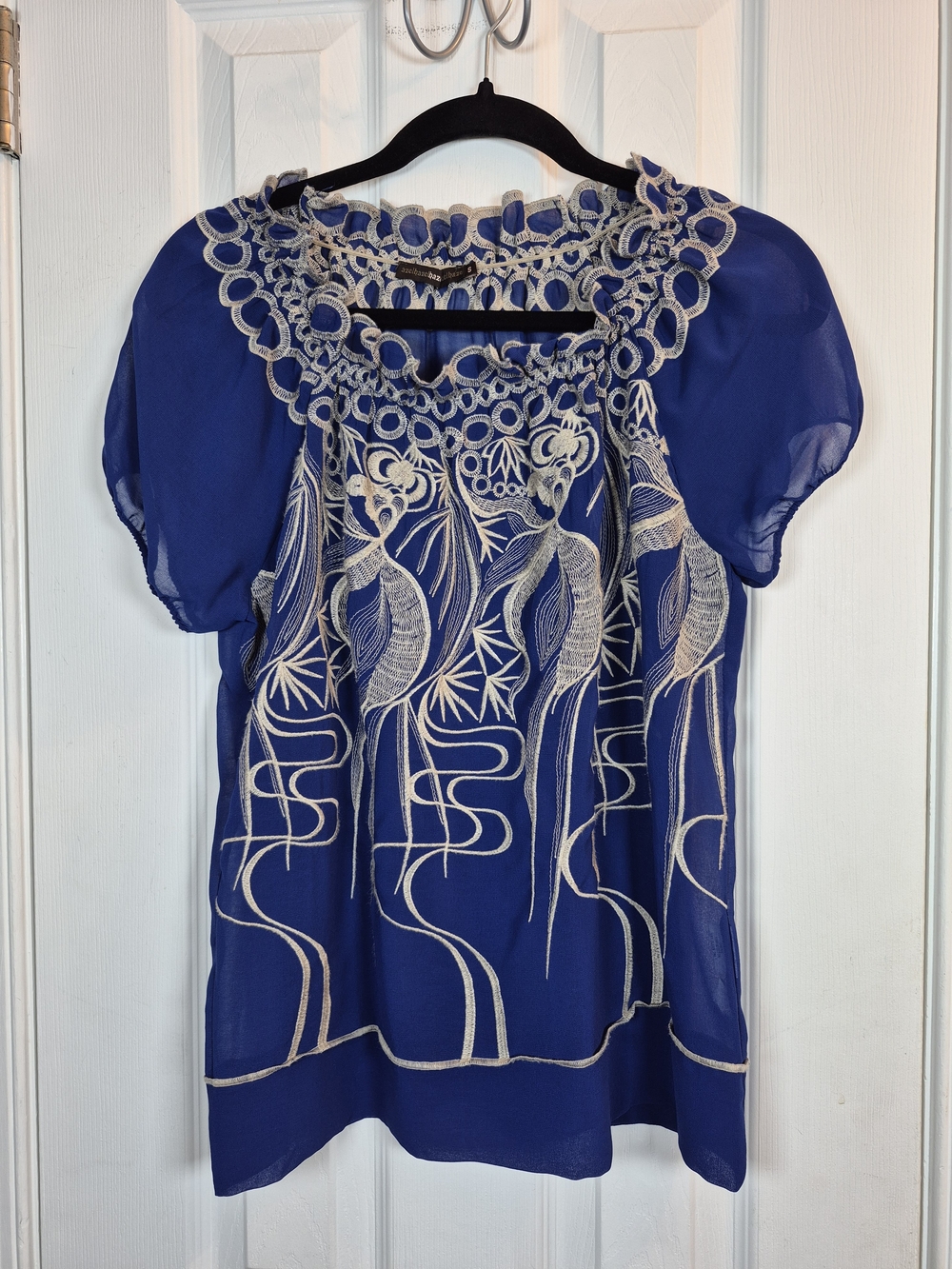 Anthropologie Hazel Blue Sheer Embroidered Peasant Blouse Boho Folkfore Top S